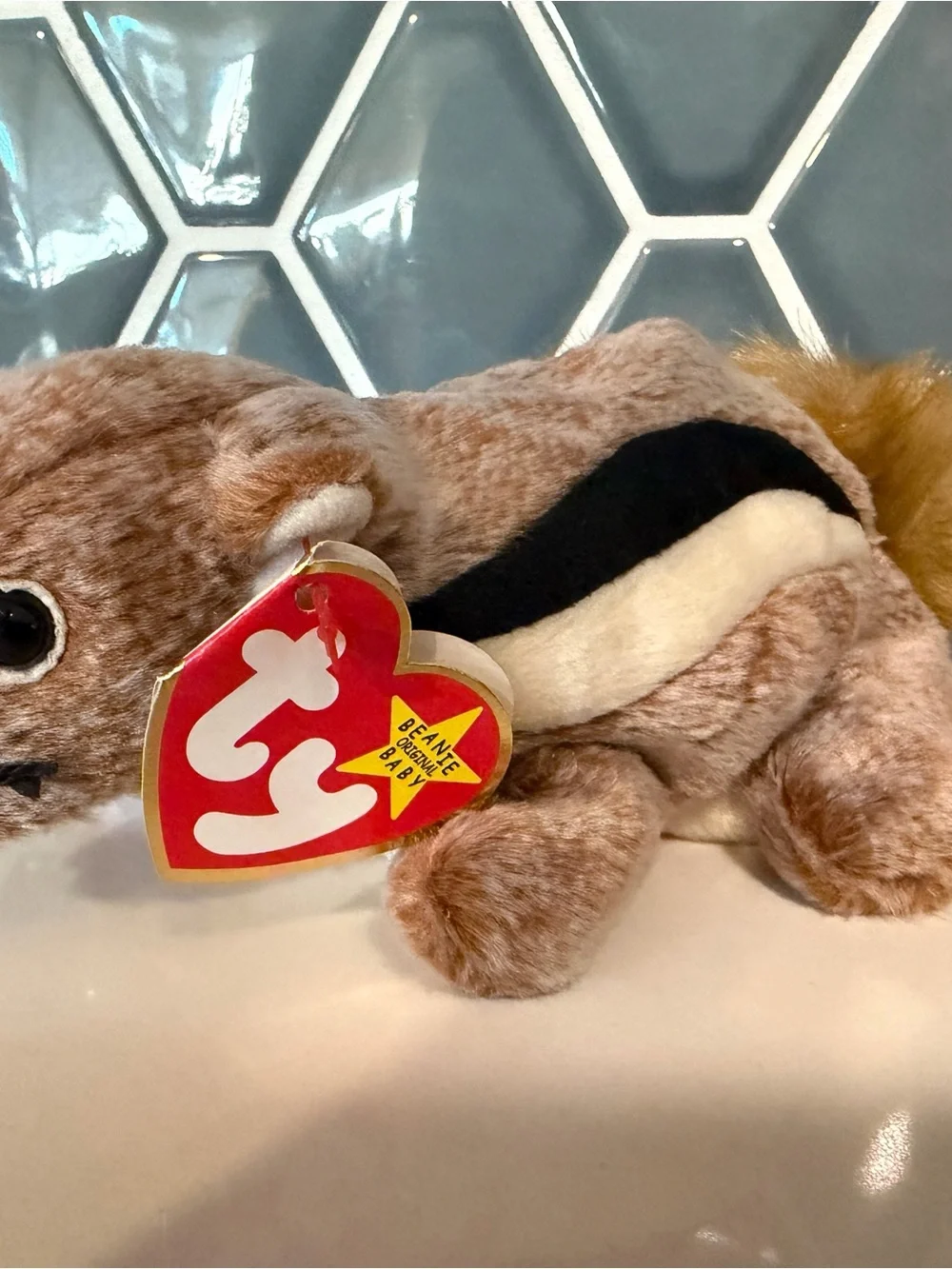 TY Brown and Cream Plush Chipmunk “Chipper” Beanie Baby with Black Stripe